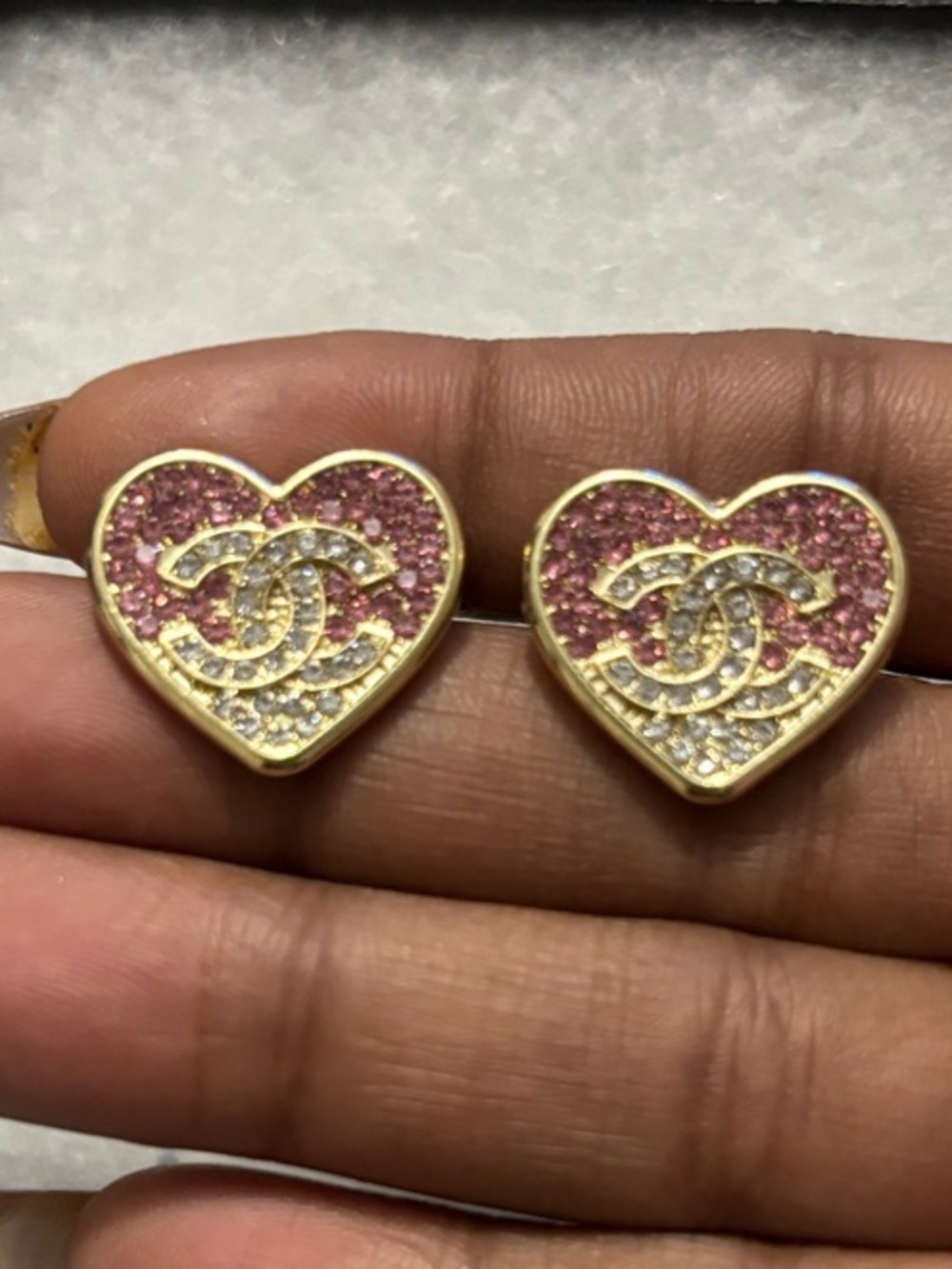 CC Heart-Shaped Logo Crystal Stud Earrings